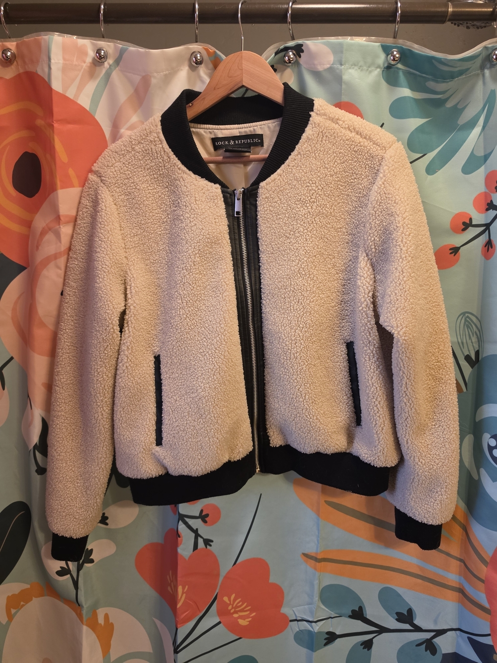 Rock & Republic Cream Sherpa Bomber with Black Trim